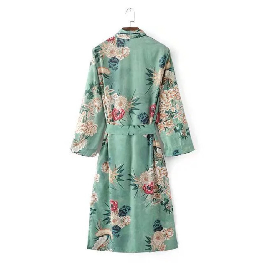 Green Printed Long Kimono Sleep Robe